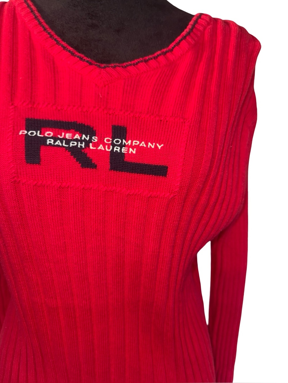 Vintage Polo Jeans Co. Ralph Lauren Red Ribbed Long Sleeve Top size large - Picture 3 of 9